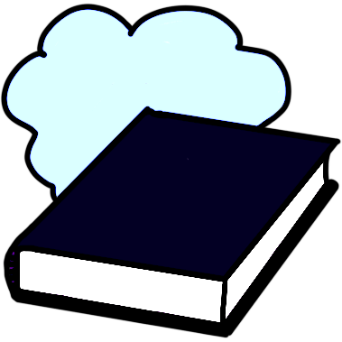 a high-contrast drawing of a purple hardcover book with a mauve cloud behind it.